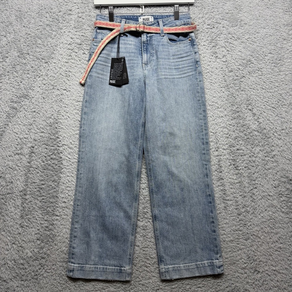 Paige Nellie High Rise Cropped Jeans Womens 24 Blue Light Wash Denim Belted New